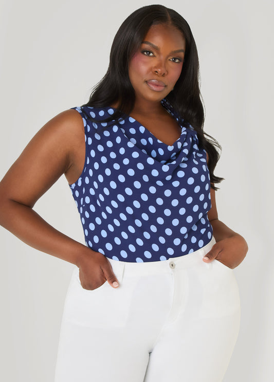 Ashley Stewart Polka Dot Cowl Neck Top Navy