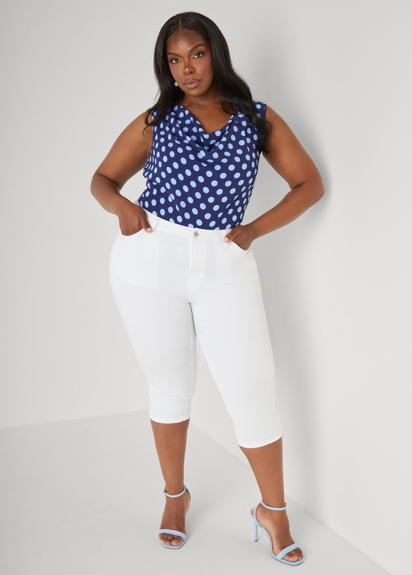 Ashley Stewart Polka Dot Cowl Neck Top Navy