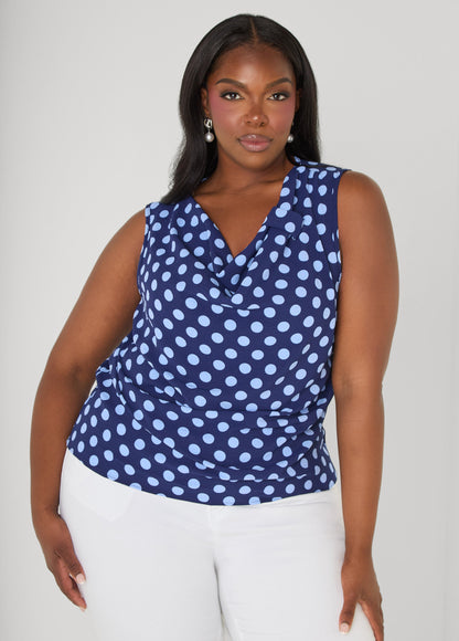 Ashley Stewart Polka Dot Cowl Neck Top Navy