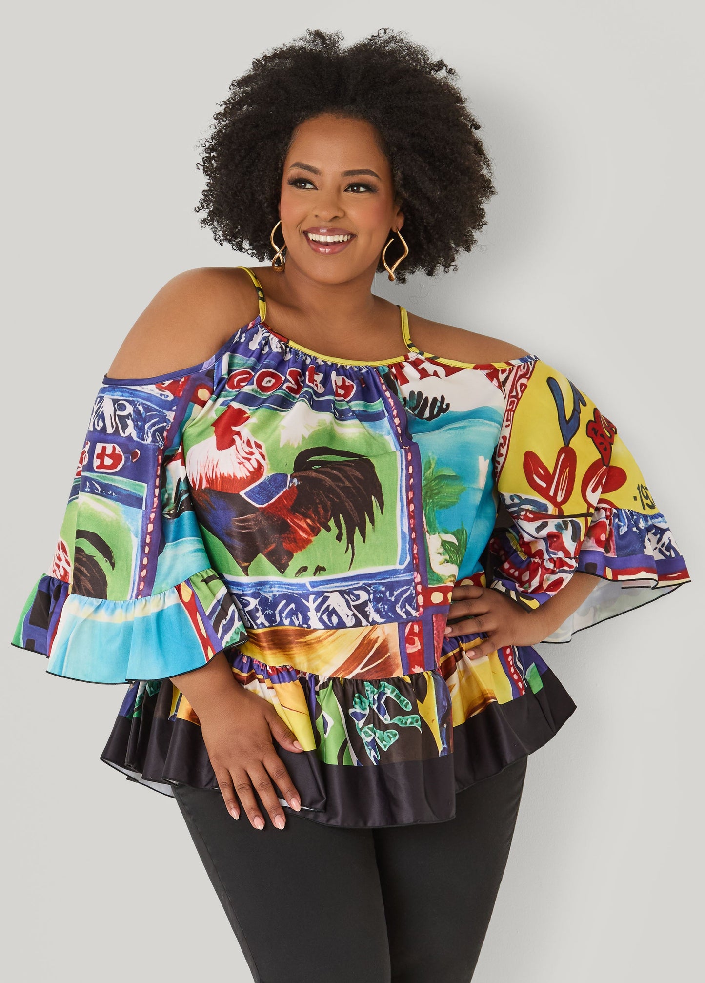 Ashley Stewart Printed Satin Cold Shoulder Blouse Multi