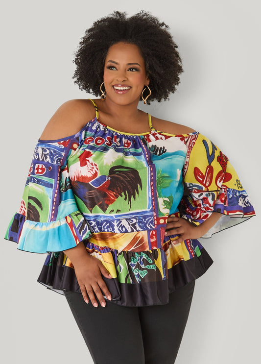 Ashley Stewart Printed Satin Cold Shoulder Blouse Multi