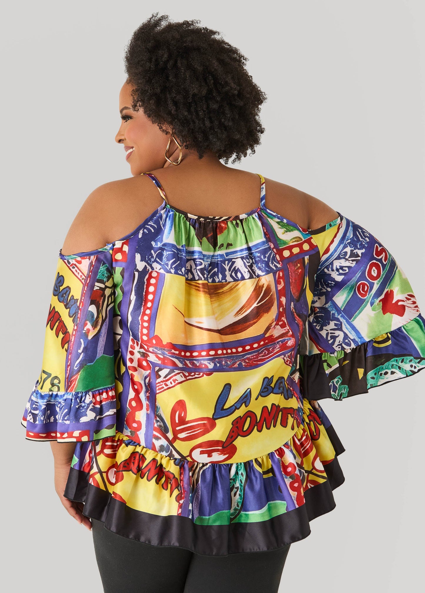 Ashley Stewart Printed Satin Cold Shoulder Blouse Multi