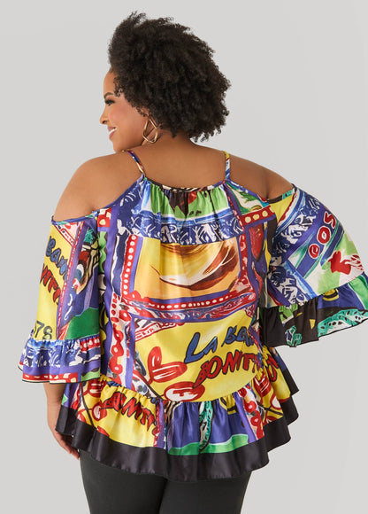 Ashley Stewart Printed Satin Cold Shoulder Blouse Multi