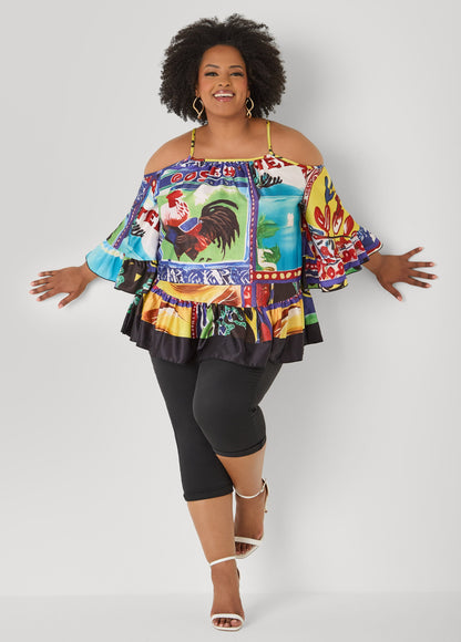 Ashley Stewart Printed Satin Cold Shoulder Blouse Multi