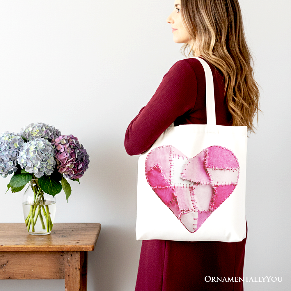Ashley Stewart Patchwork Heart Canvas Tote Bag White