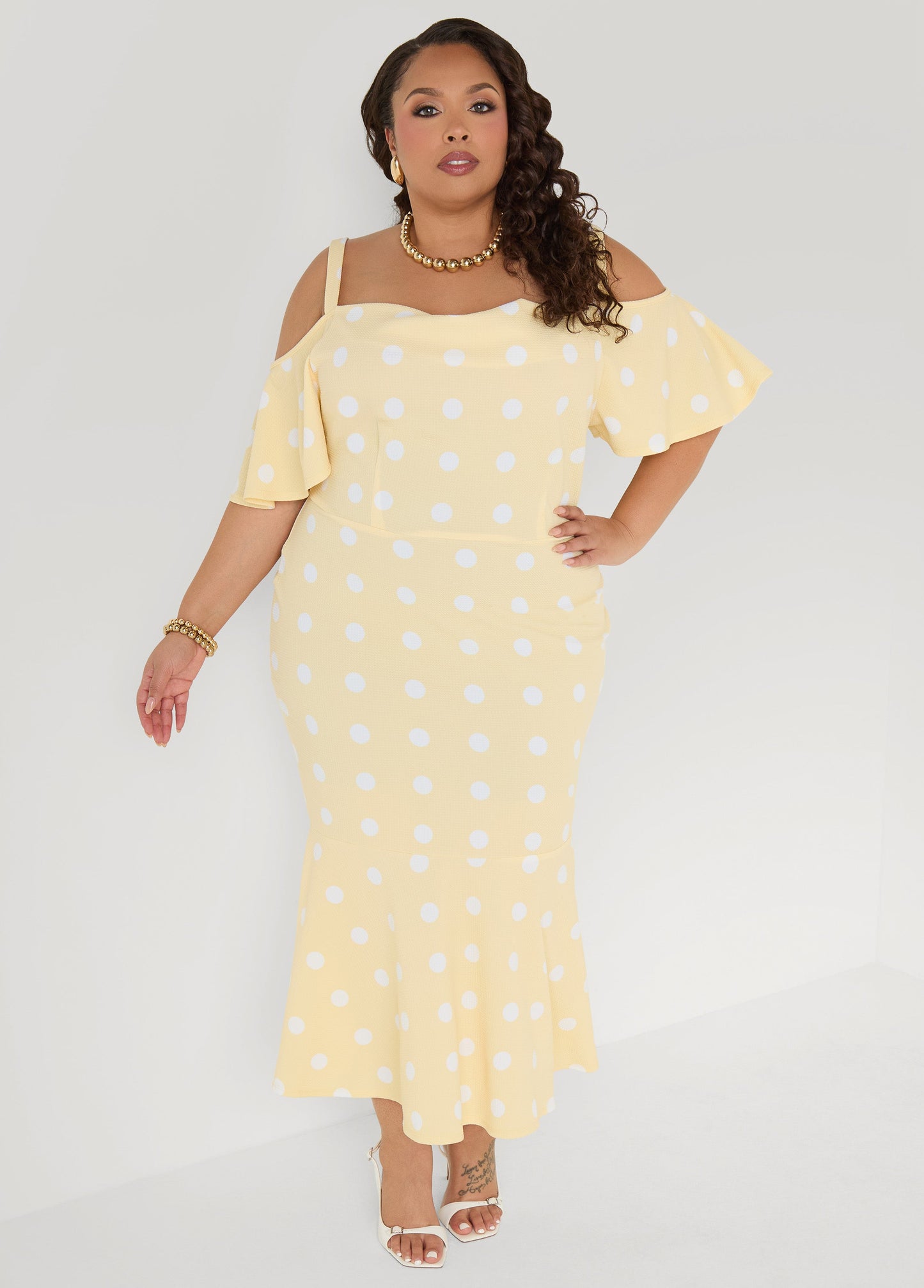 Ashley Stewart Cold Shoulder Polka Dot Dress Apricot Gelato
