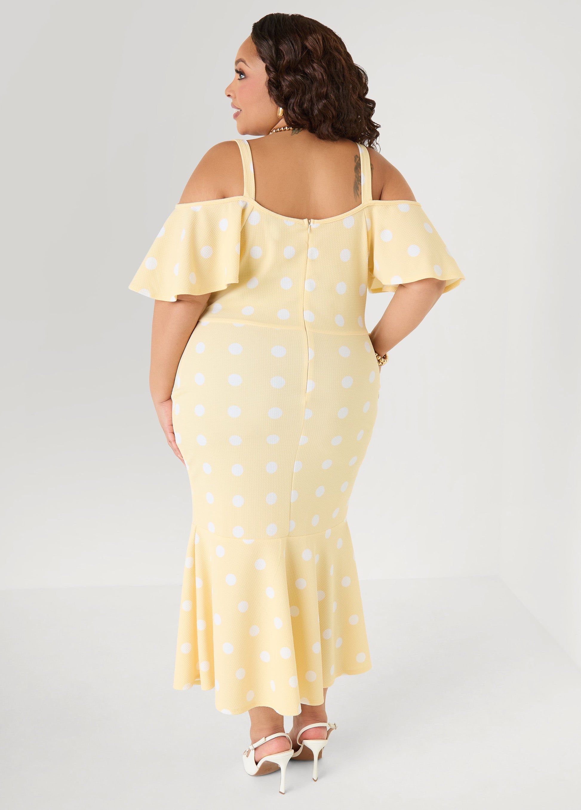 Ashley Stewart Cold Shoulder Polka Dot Dress Apricot Gelato