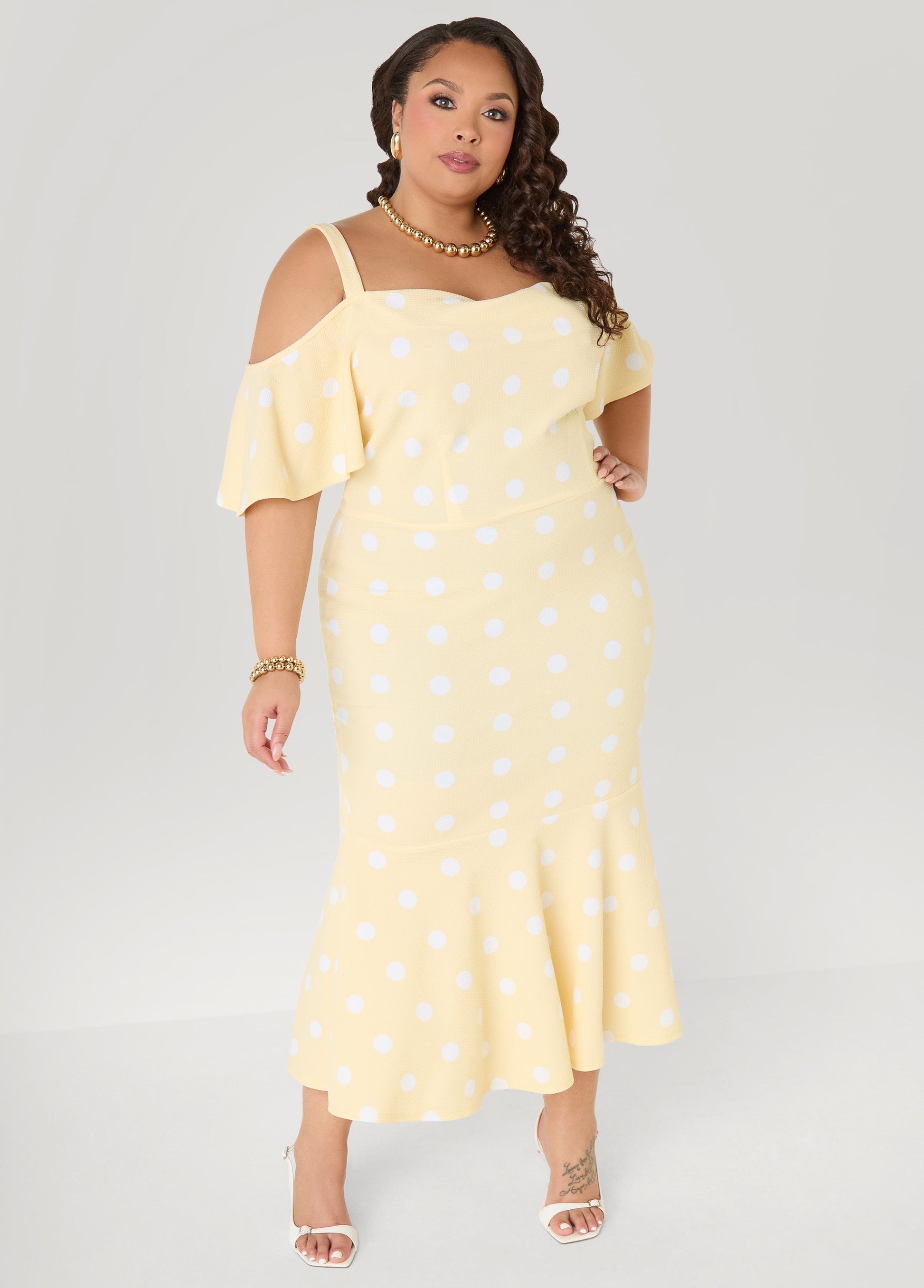 Ashley Stewart Cold Shoulder Polka Dot Dress Apricot Gelato