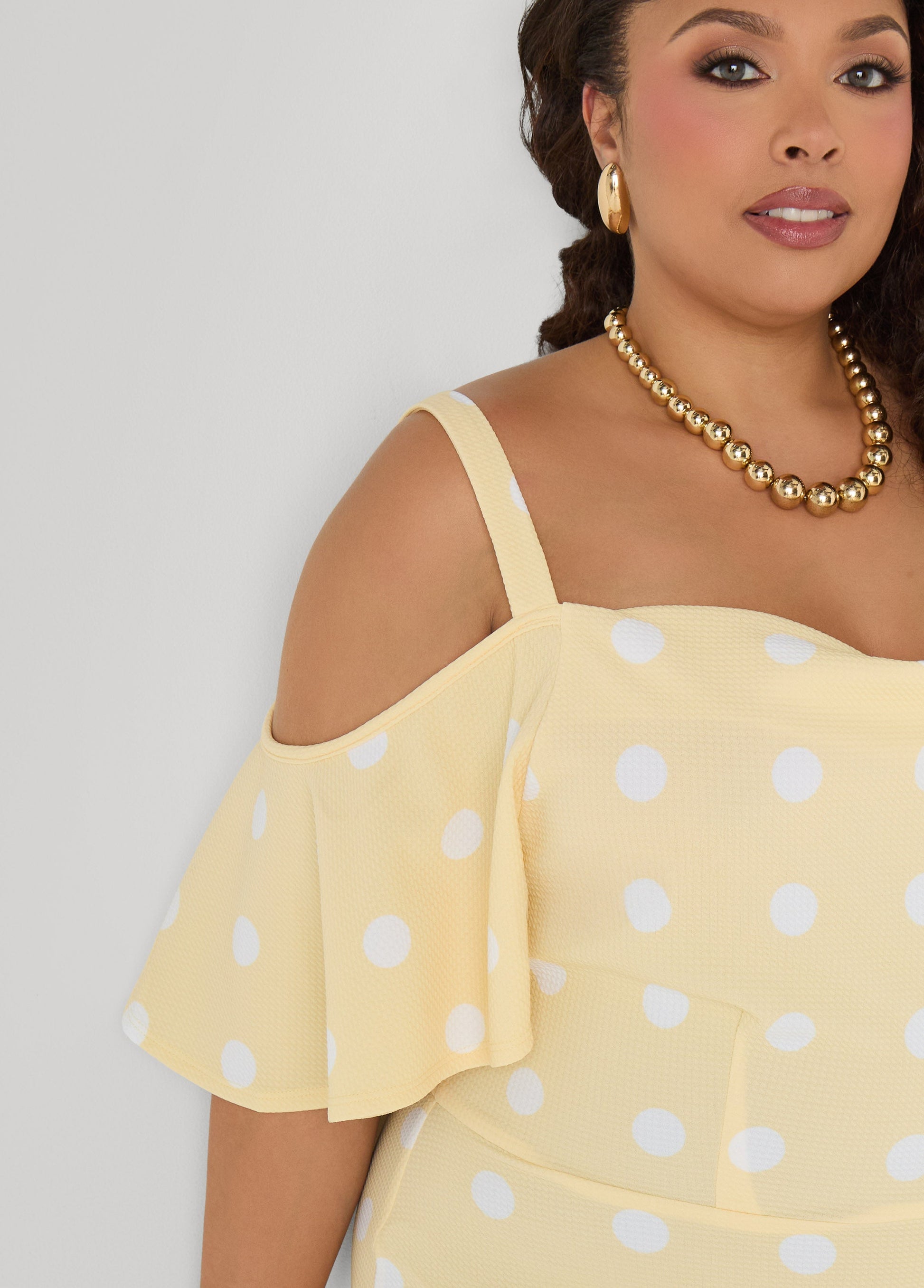 Ashley Stewart Cold Shoulder Polka Dot Dress Apricot Gelato