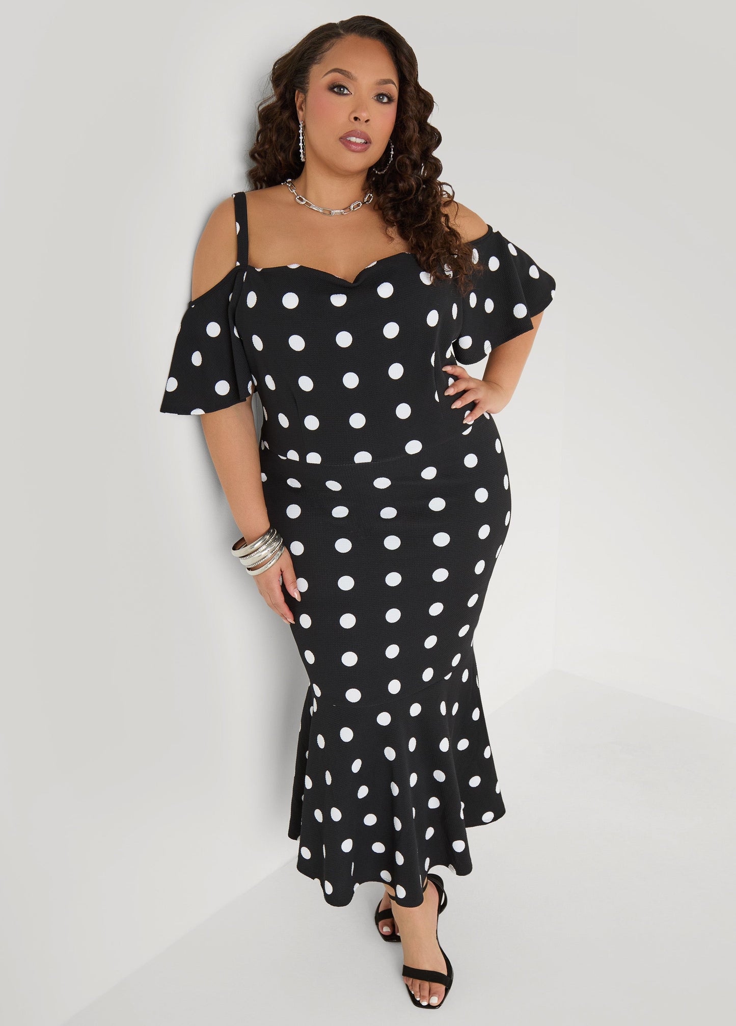 Ashley Stewart Cold Shoulder Polka Dot Dress Apricot Gelato