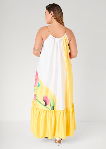 Ashley Stewart Chain Trimmed Floral Maxi Dress Primrose Yellow