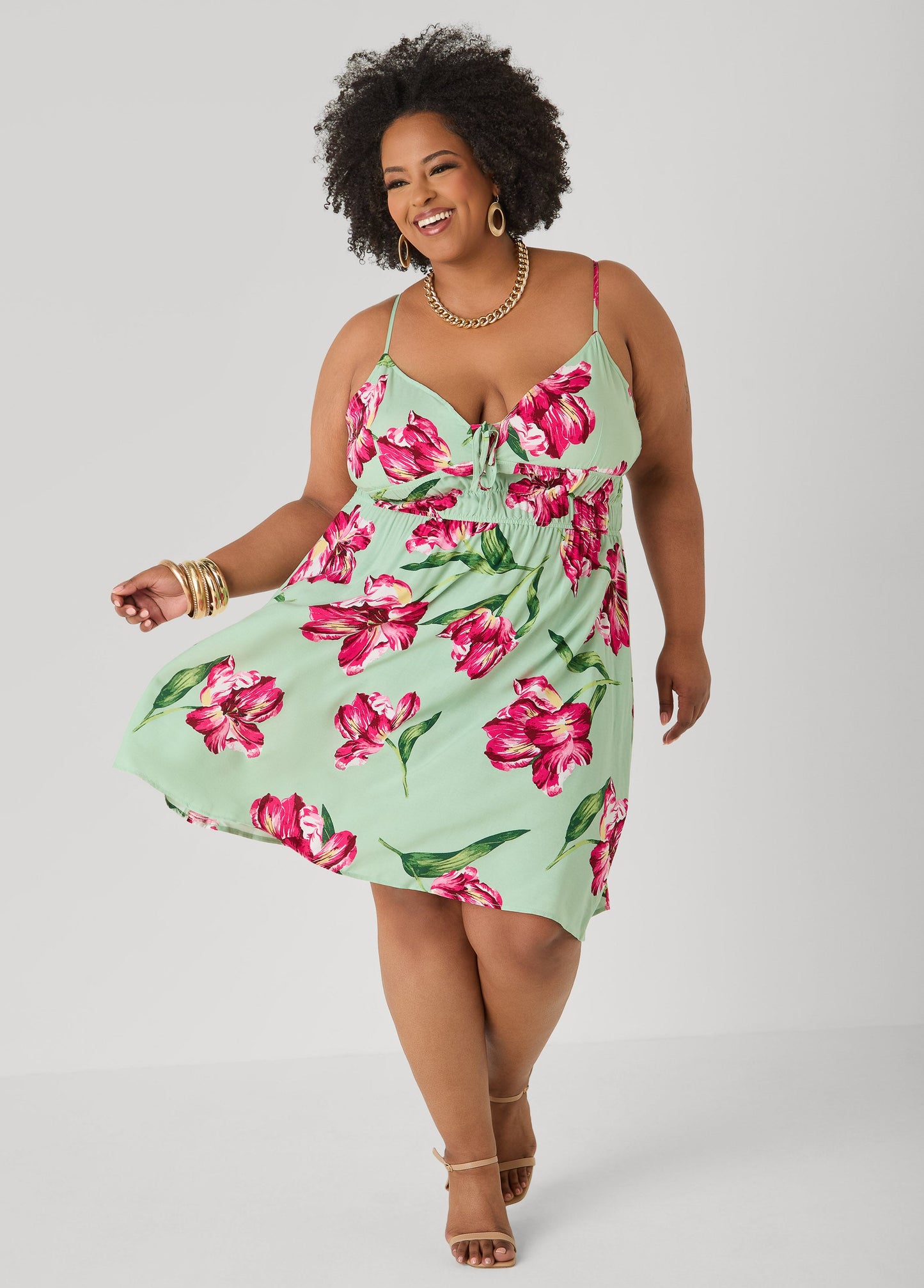 Ashley Stewart Tie Front Floral Print Dress Seafoam