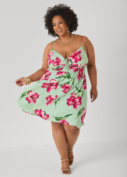 Ashley Stewart Tie Front Floral Print Dress Seafoam