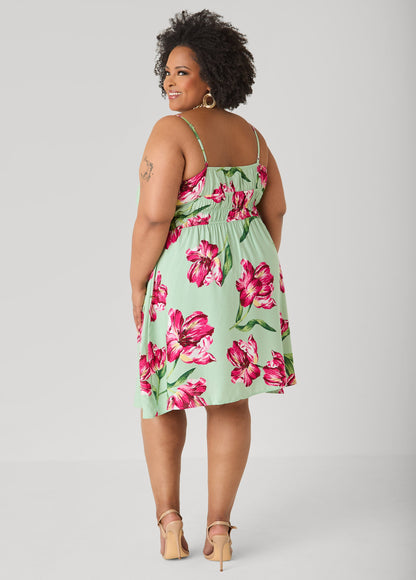 Ashley Stewart Tie Front Floral Print Dress Seafoam