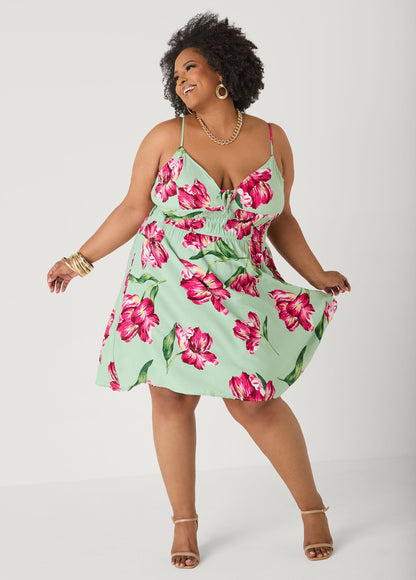 Ashley Stewart Tie Front Floral Print Dress Seafoam