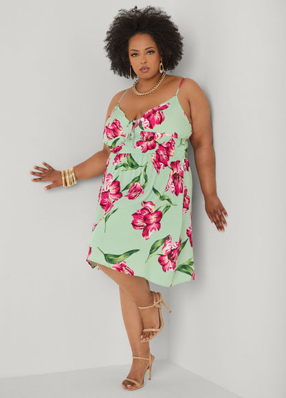 Ashley Stewart Tie Front Floral Print Dress Seafoam