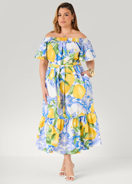 Ashley Stewart Off The Shoulder Lemon Print Dress Victoria Blue