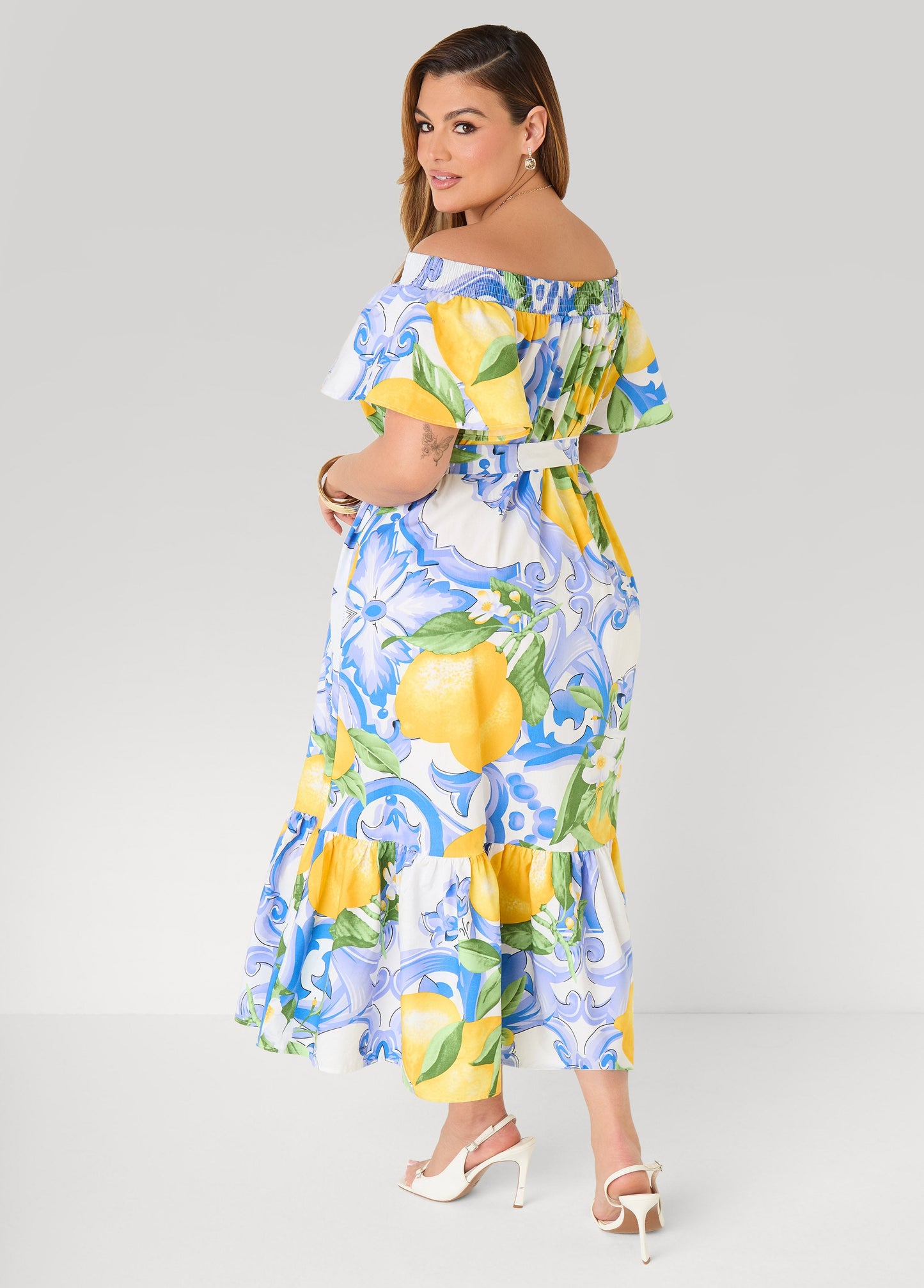 Ashley Stewart Off The Shoulder Lemon Print Dress Victoria Blue