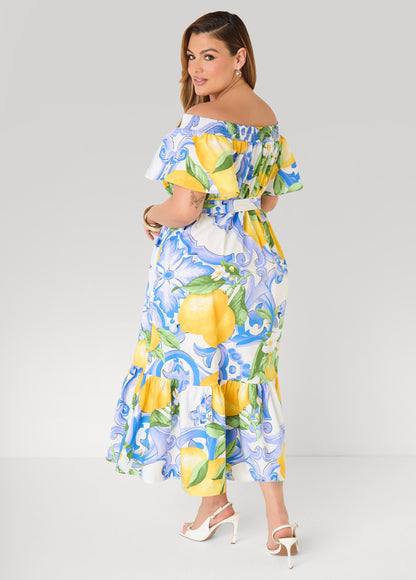 Ashley Stewart Off The Shoulder Lemon Print Dress Victoria Blue