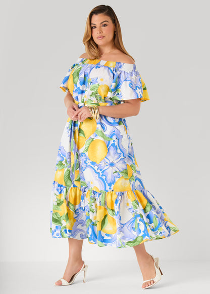 Ashley Stewart Off The Shoulder Lemon Print Dress Victoria Blue