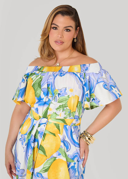 Ashley Stewart Off The Shoulder Lemon Print Dress Victoria Blue