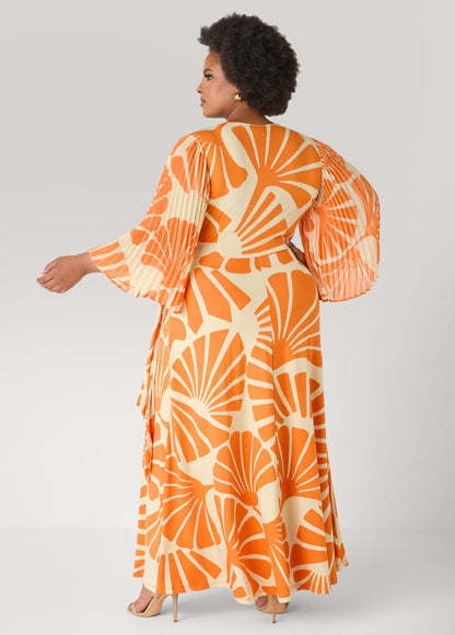 Ashley Stewart Pleated Sleeve Tropical Wrap Dress Persimmon Orange