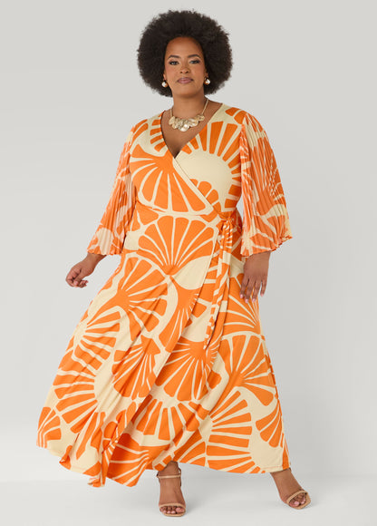 Ashley Stewart Pleated Sleeve Tropical Wrap Dress Persimmon Orange