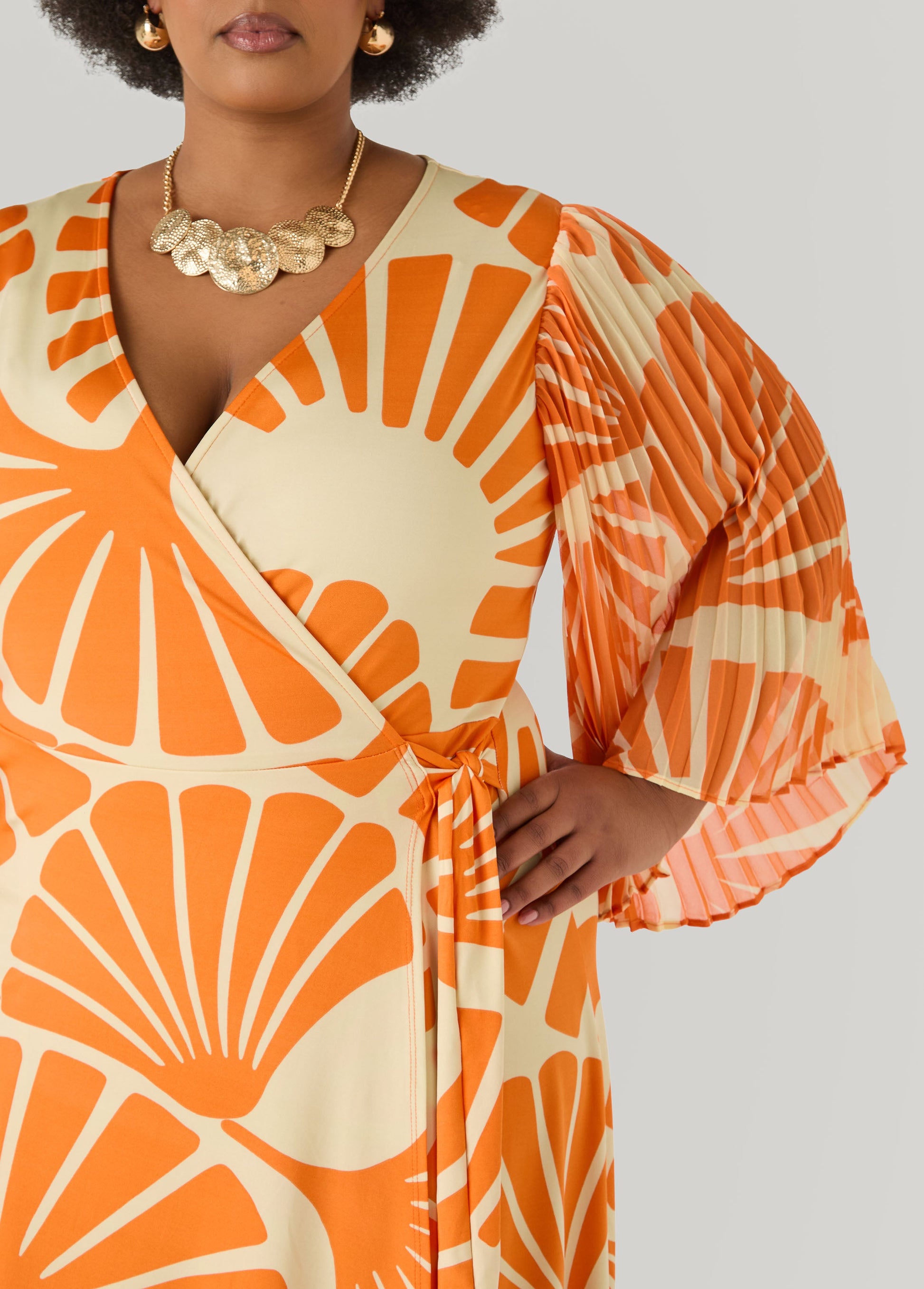 Ashley Stewart Pleated Sleeve Tropical Wrap Dress Persimmon Orange