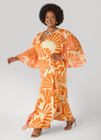 Ashley Stewart Pleated Sleeve Tropical Wrap Dress Persimmon Orange