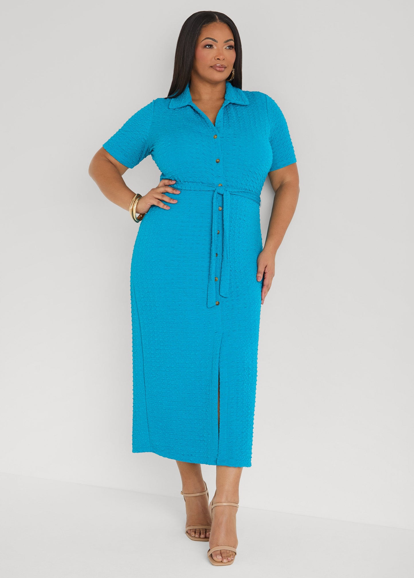 Ashley Stewart Textured Maxi Shirtdress Caribbean Sea