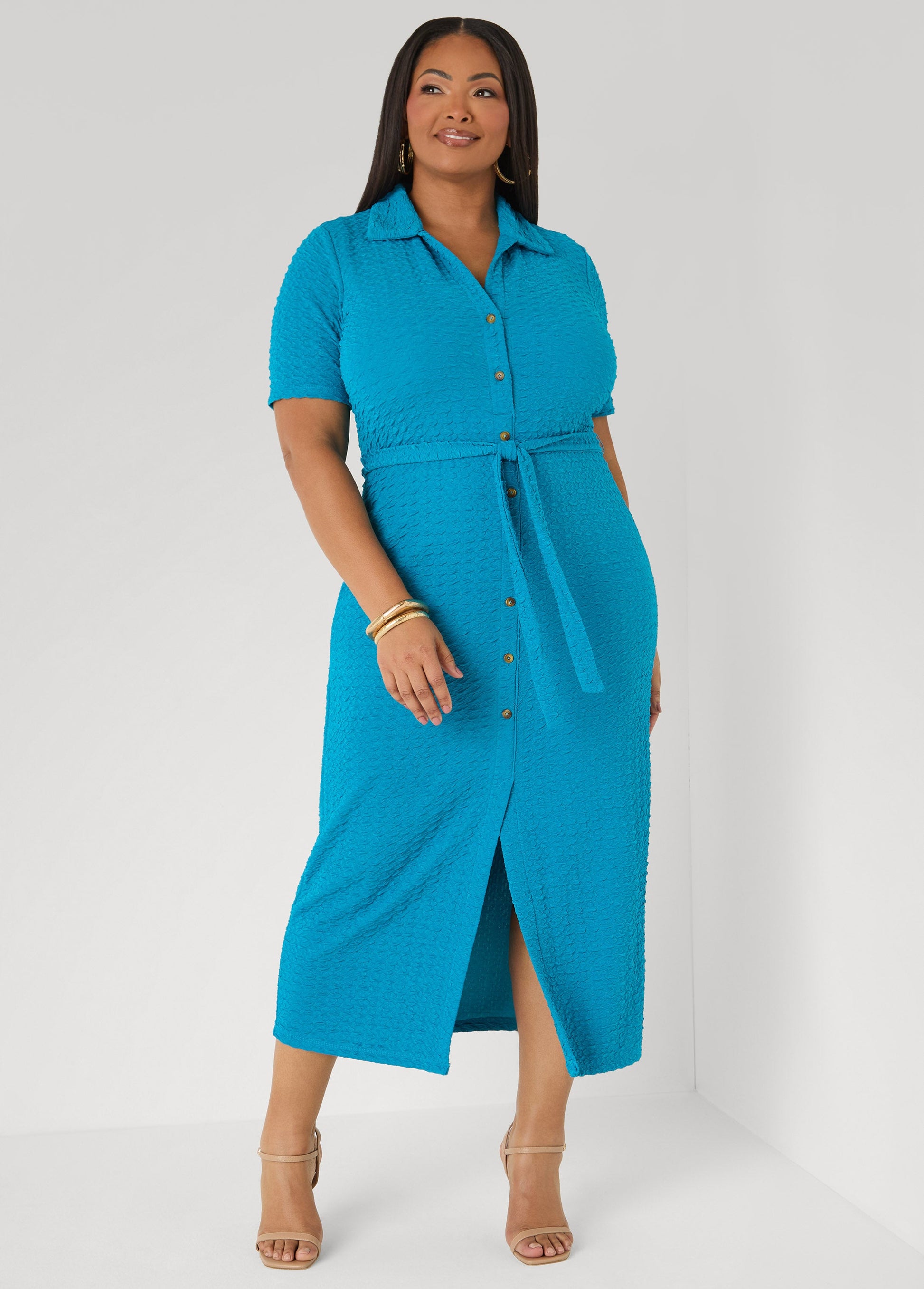 Ashley Stewart Textured Maxi Shirtdress Caribbean Sea