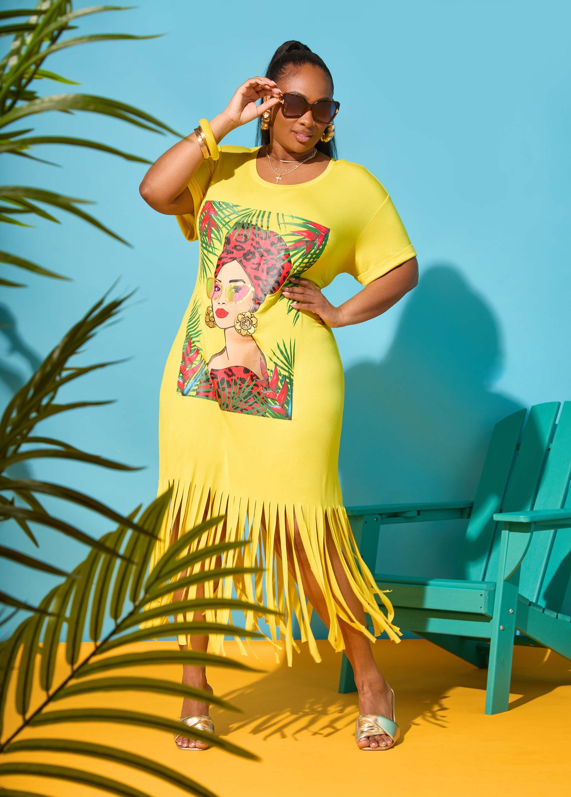 Ashley Stewart Tropical Fringed T Shirt Dress Primrose Yellow