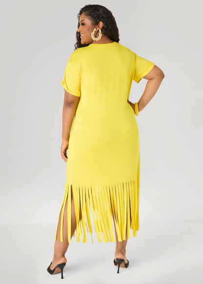 Ashley Stewart Tropical Fringed T Shirt Dress Primrose Yellow