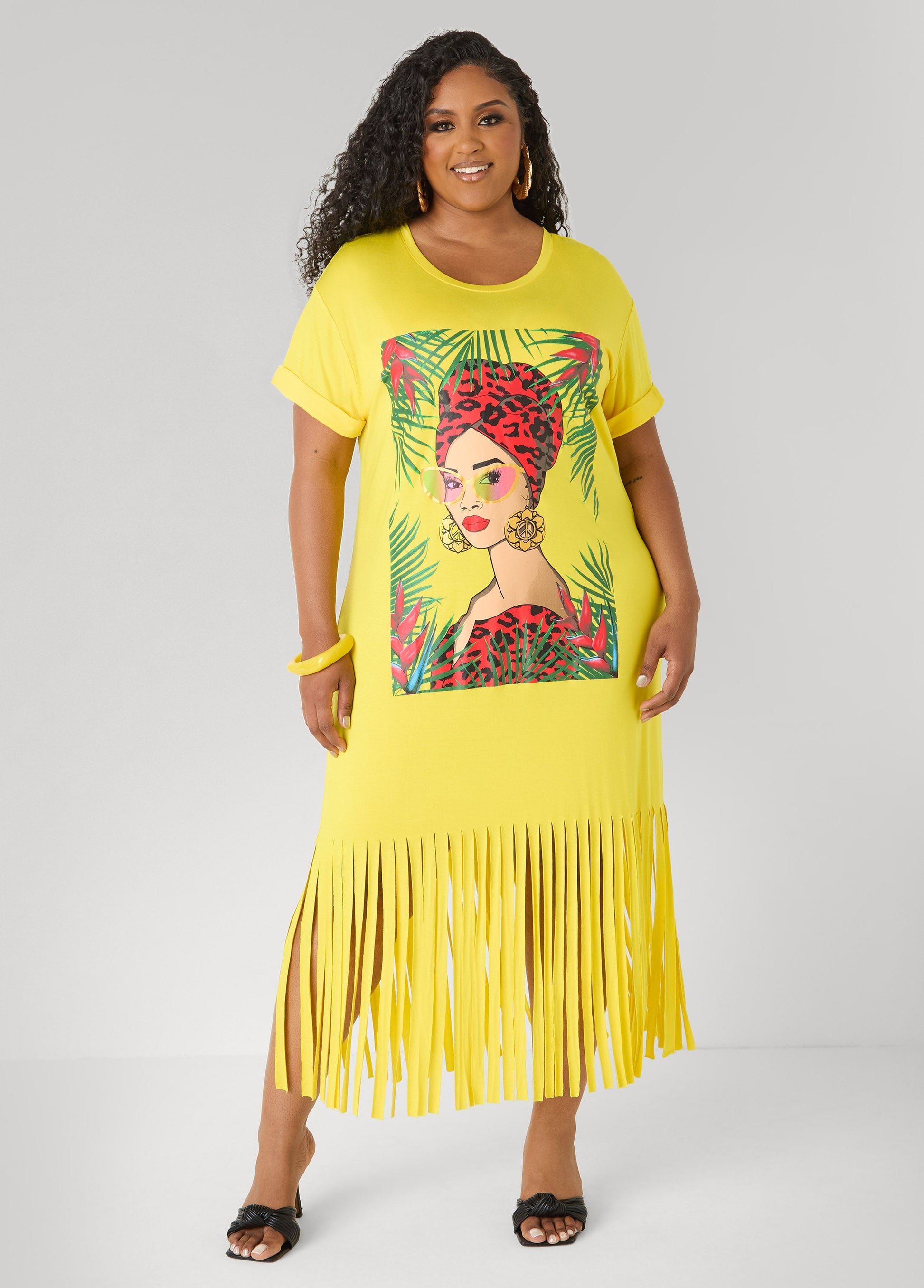 Ashley Stewart Tropical Fringed T Shirt Dress Primrose Yellow