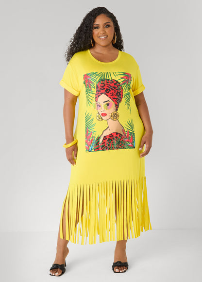 Ashley Stewart Tropical Fringed T Shirt Dress Primrose Yellow