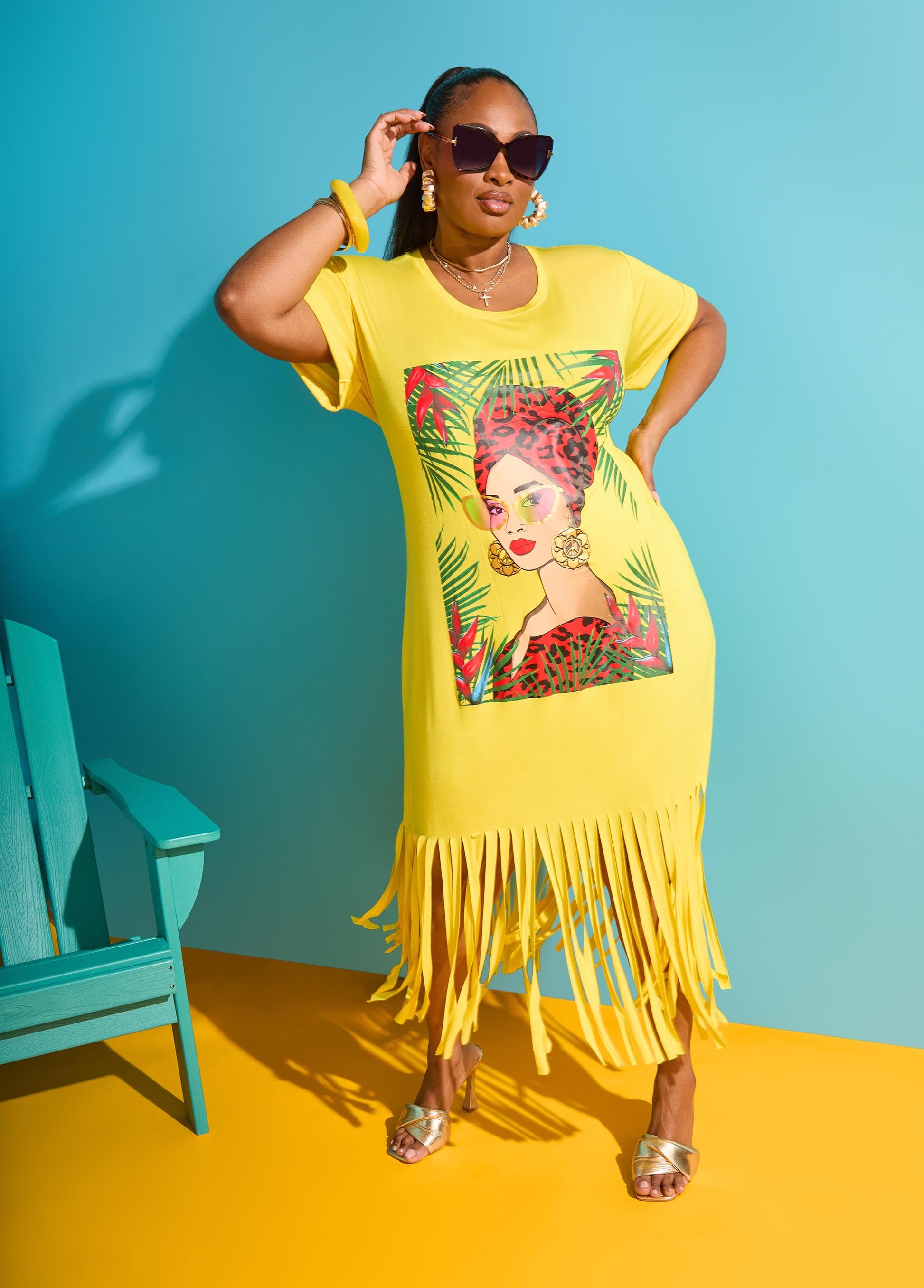 Ashley Stewart Tropical Fringed T Shirt Dress Primrose Yellow