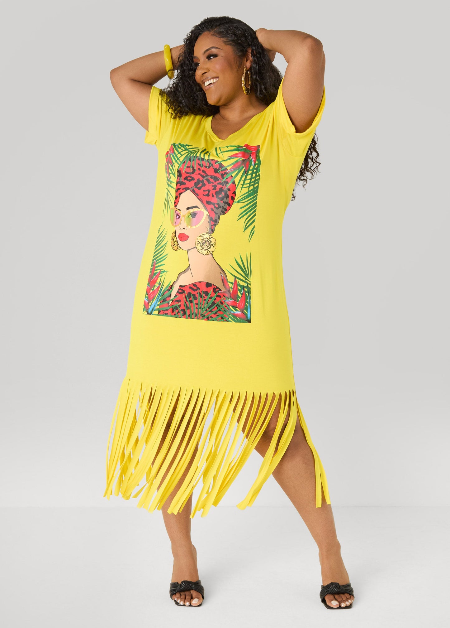 Ashley Stewart Tropical Fringed T Shirt Dress Primrose Yellow