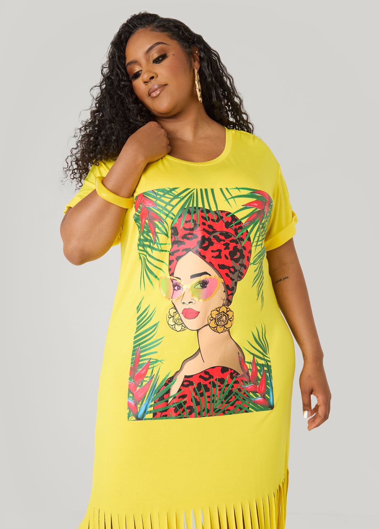 Ashley Stewart Tropical Fringed T Shirt Dress Primrose Yellow