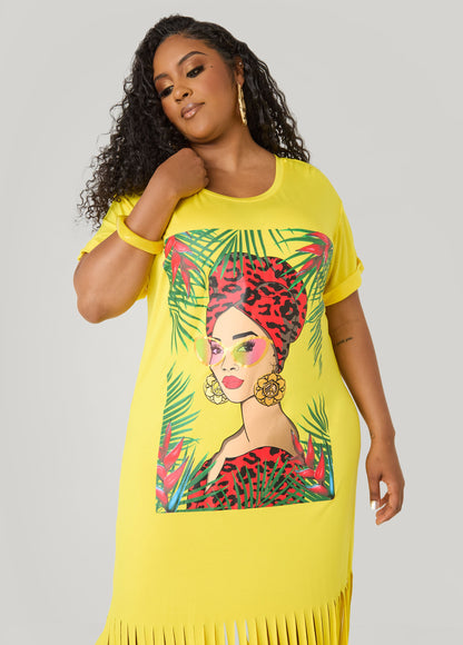 Ashley Stewart Tropical Fringed T Shirt Dress Primrose Yellow