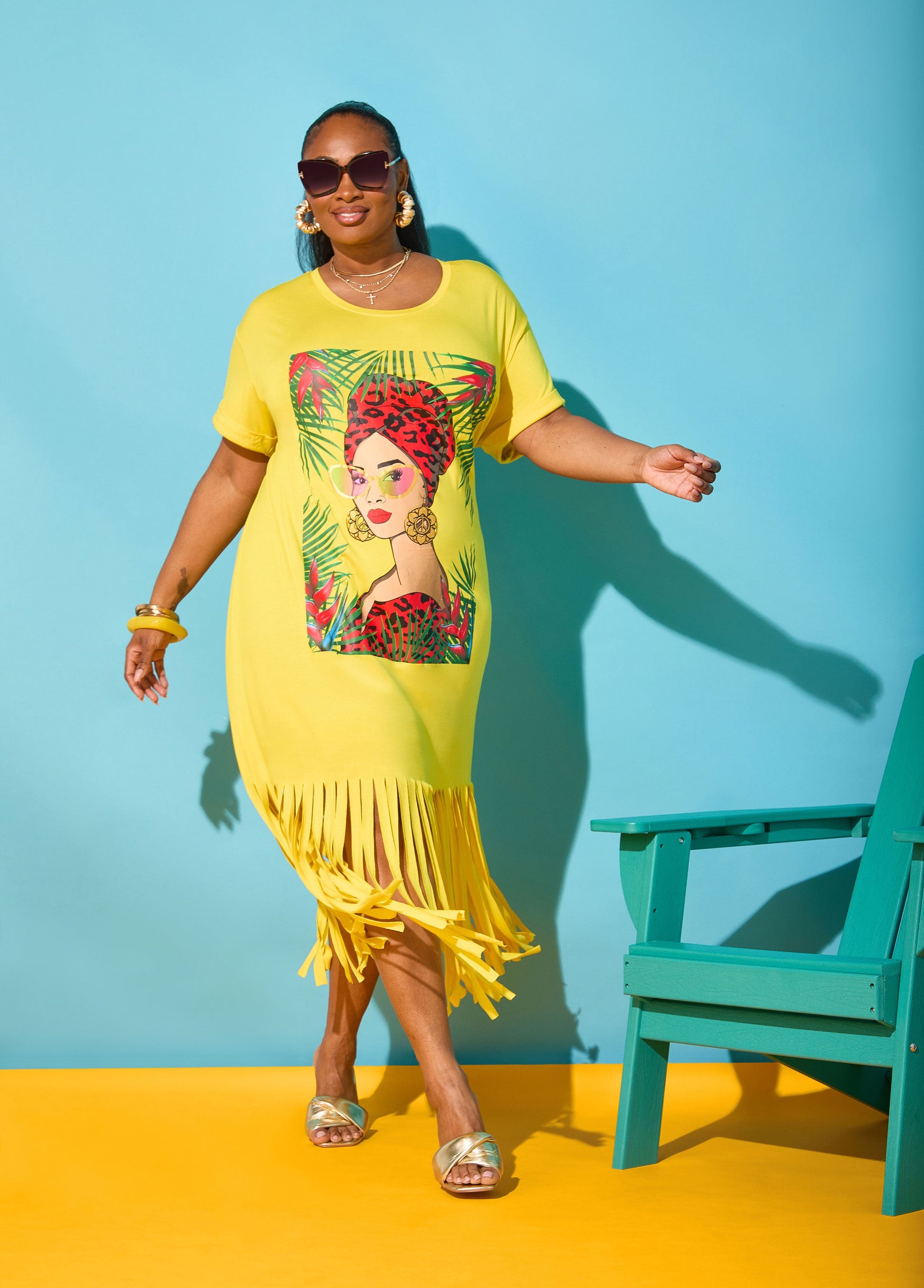 Ashley Stewart Tropical Fringed T Shirt Dress Primrose Yellow