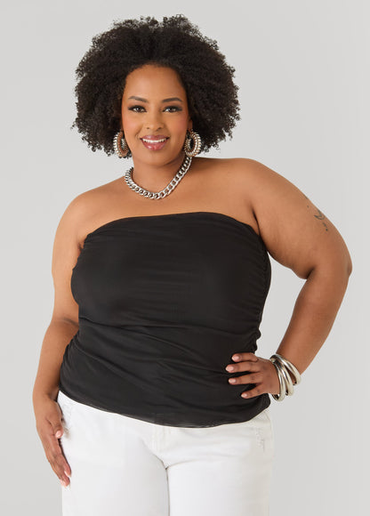 Ashley Stewart Ruched Mesh Tube Top Black
