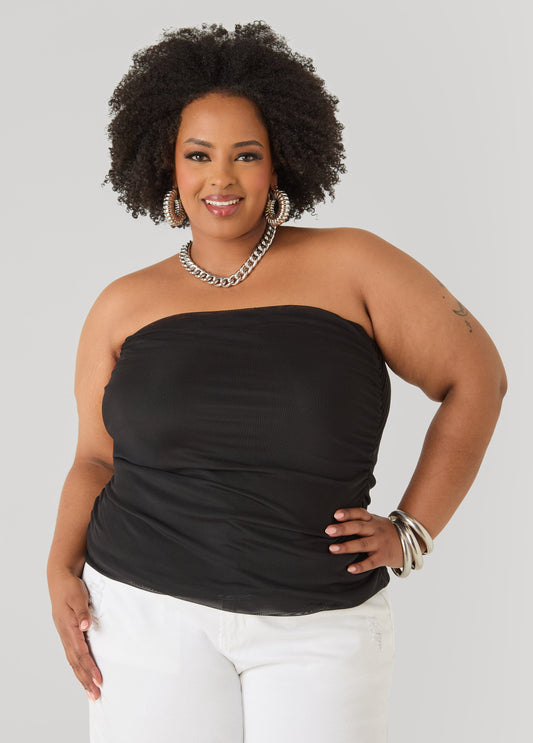 Ashley Stewart Ruched Mesh Tube Top Black