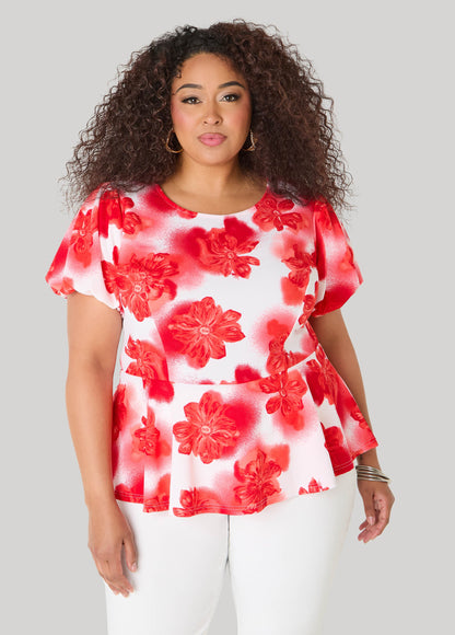 Ashley Stewart Floral Print Peplum Top Calypso Coral