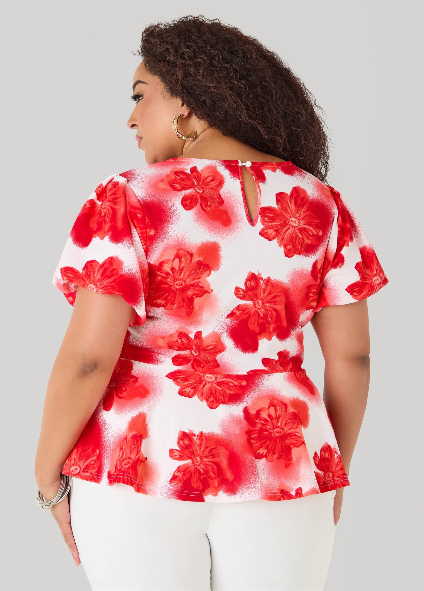 Ashley Stewart Floral Print Peplum Top Calypso Coral