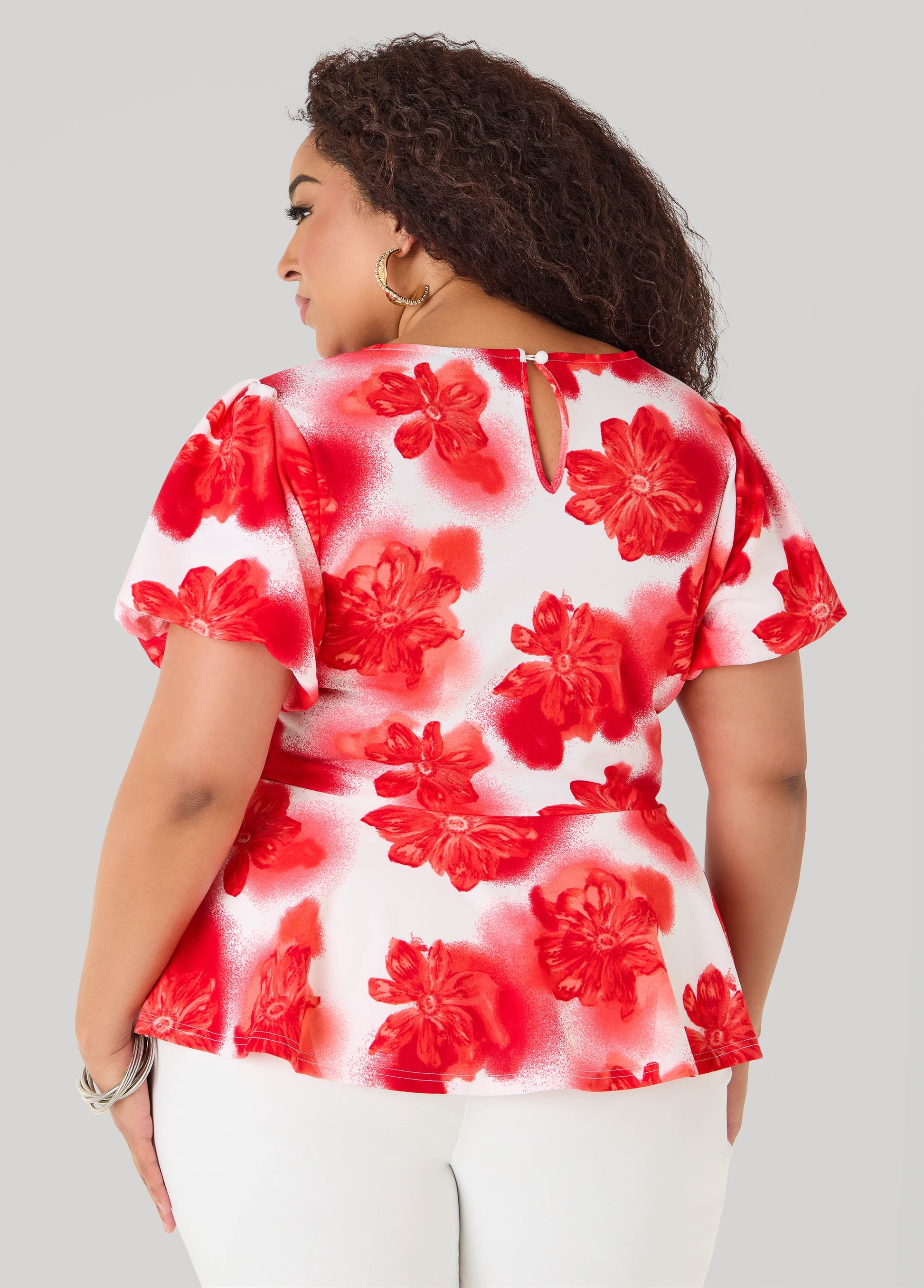 Ashley Stewart Floral Print Peplum Top Calypso Coral