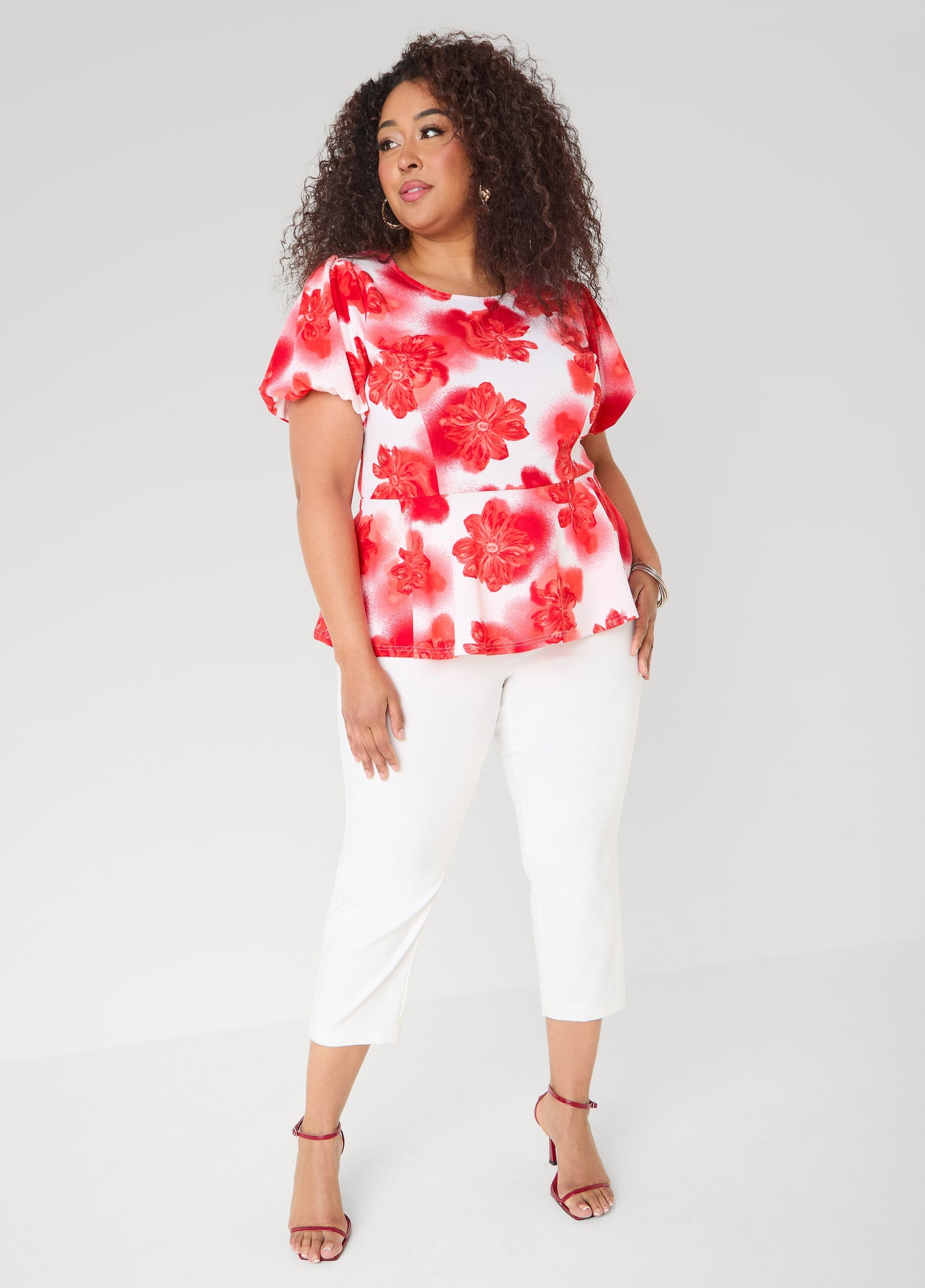 Ashley Stewart Floral Print Peplum Top Calypso Coral