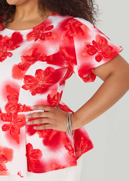 Ashley Stewart Floral Print Peplum Top Calypso Coral