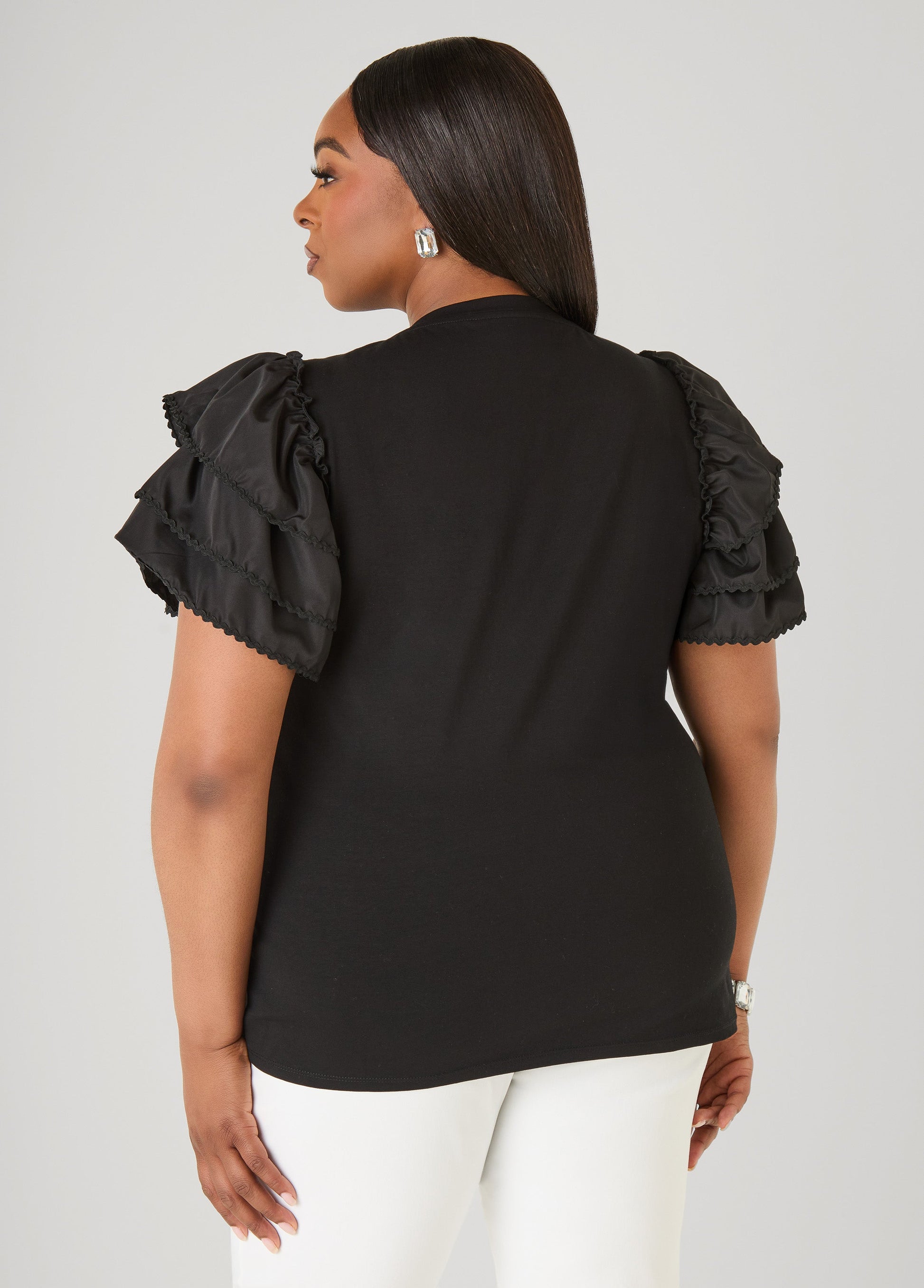 Ashley Stewart Ruffled Embellished Jersey Tee Black