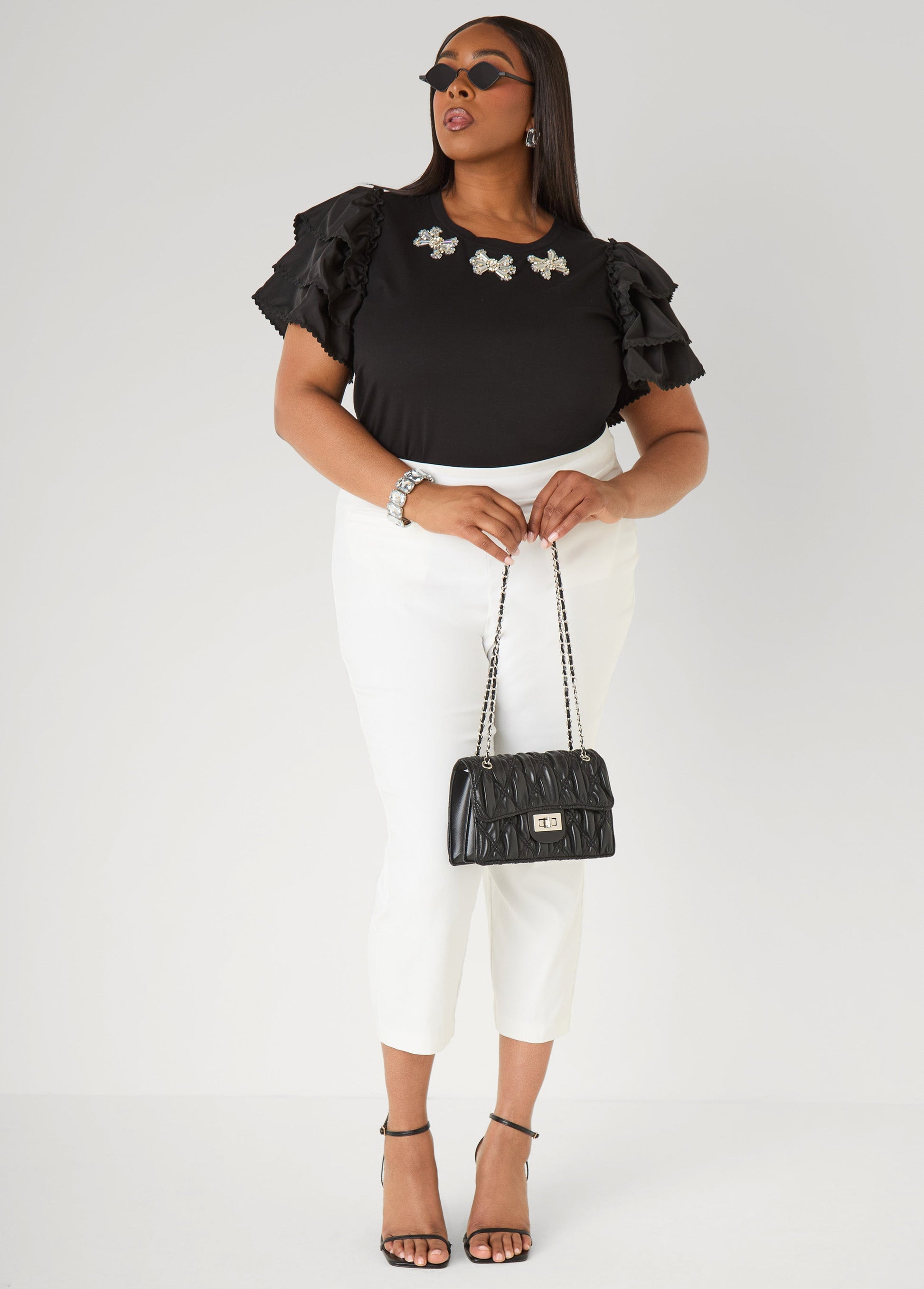 Ashley Stewart Ruffled Embellished Jersey Tee Black