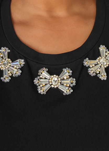 Ashley Stewart Ruffled Embellished Jersey Tee Black